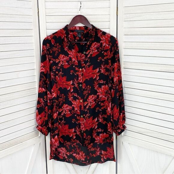Joan Vass Floral High Low Button Front Blouse Black Red XS - Picture 9 of 14
